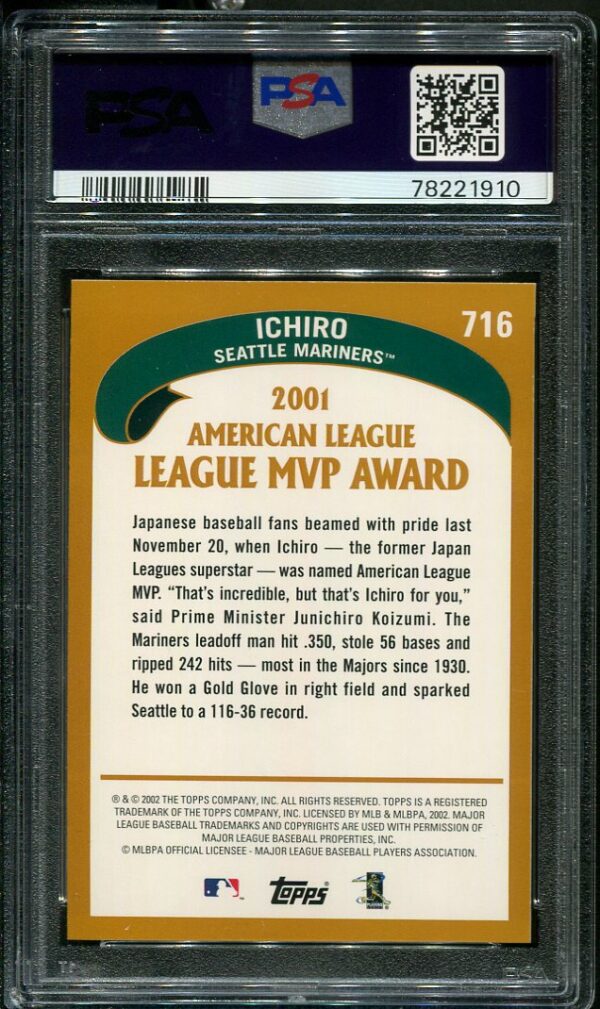 Authentic 2002 Topps MVP #715 Ichiro PSA 10 Baseball Card