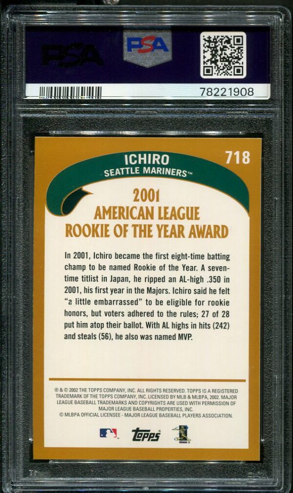 Authentic 2002 Topps ROY #718 Ichiro PSA 10 Baseball Card