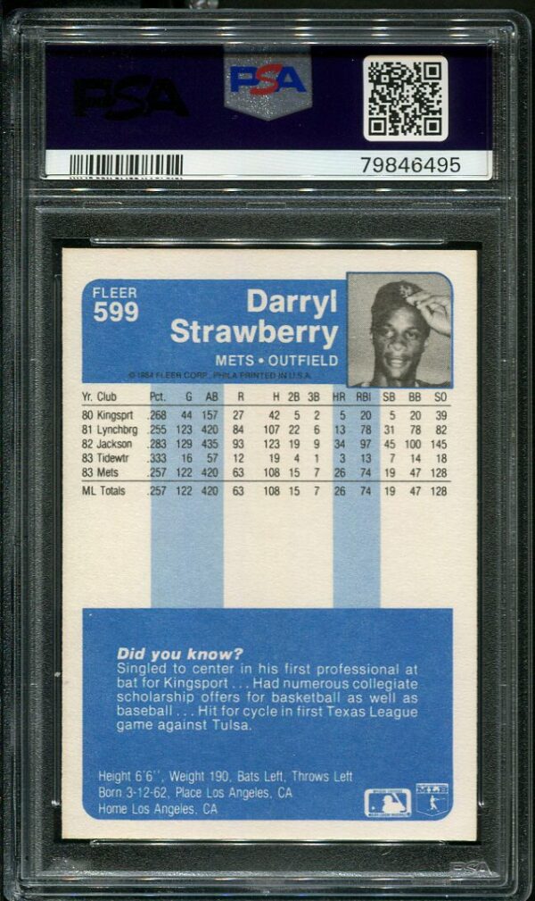 Authentic 1984 Fleer #599 Darryl Strawberry PSA 10 Baseball Card