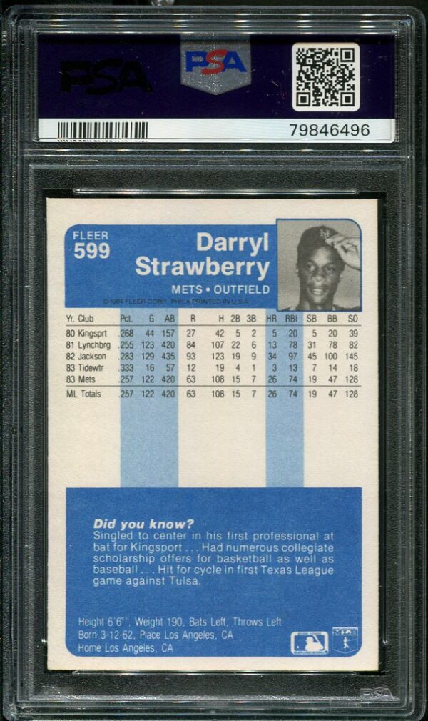 Authentic 1984 Fleer #599 Darryl Strawberry PSA 8 Rookie Baseball Card