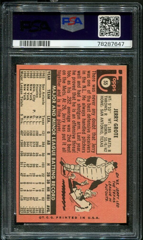 Authentic 1969 Topps #55 Jerry Grote PSA 8 Baseball Card