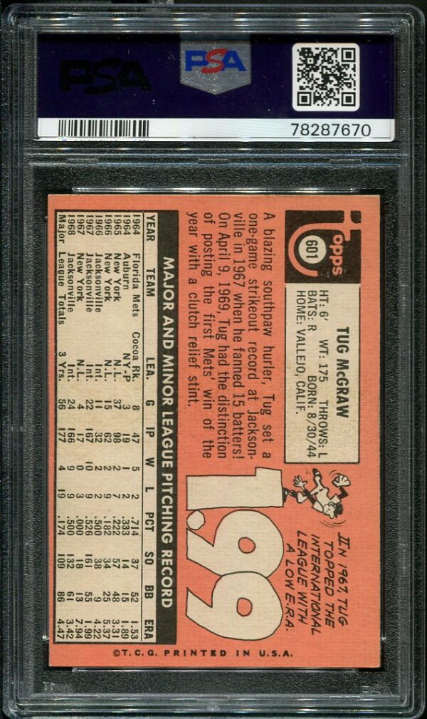 Authentic 1969 Topps #601 Tug McGraw PSA 7 Baseball Card