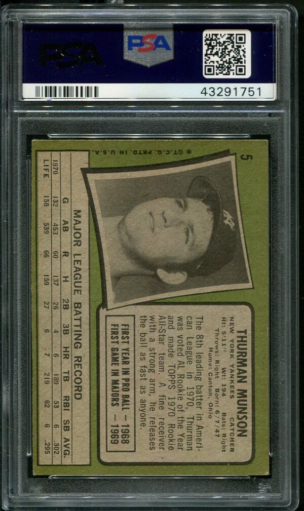 Authentic 1971 Topps #5 Thurman Munson All-Star Rookie PSA 5 Baseball Card