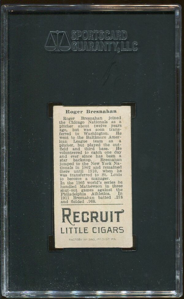 1912 T207 Brown Background Recruit Little Cigars Roger Bresnahan SGC 4 Baseball Card