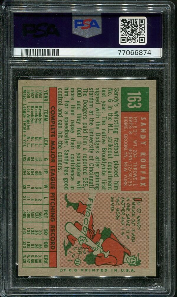 Authentic 1959 Topps #163 Sandy Koufax PSA 5 Vintage Baseball Card