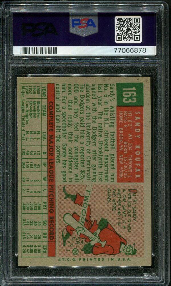 Authentic 1959 Topps #163 Sandy Koufax PSA 4 Vintage Baseball Card