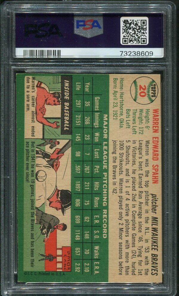 Authentic 1954 Topps #20 Warren Spahn PSA 4 Baseball Card