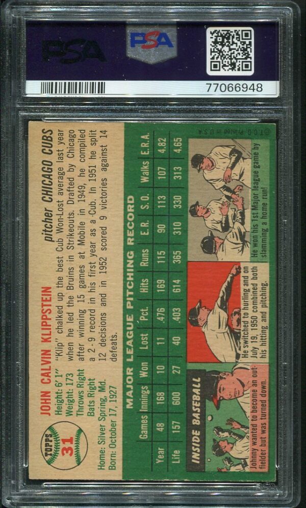 Authentic 1954 Topps #31 Johnny Klippstein PSA 6 Baseball Card