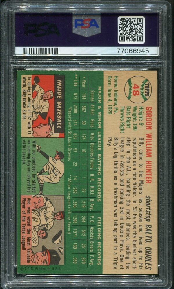 Authentic 1954 Topps #48 Billy Hunter PSA 7 Baseball Card