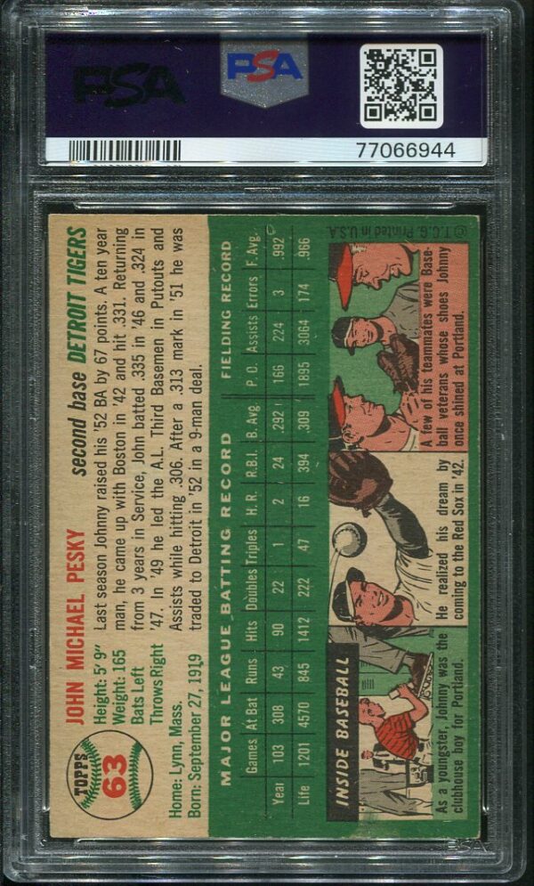 Authentic 1954 Topps #63 Johnny Pesky PSA 6 Baseball Card