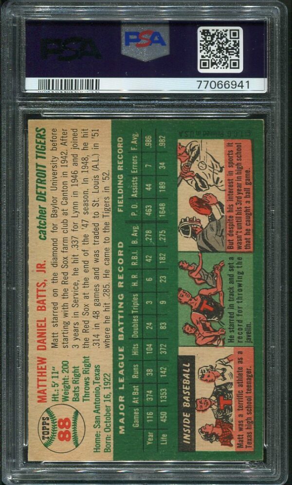 Authentic 1954 Topps #88 Matt Batts PSA 7 Baseball Card