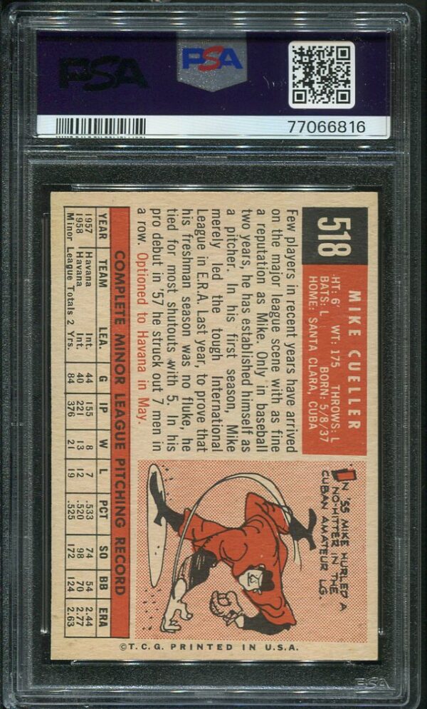 Authentic 1959 Topps #518 Mike Cuellar PSA 7 Rookie Vintage Baseball Card