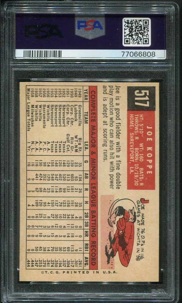 Authentic 1959 Topps #517 Joe Koppe PSA 8 Vintage Baseball Card