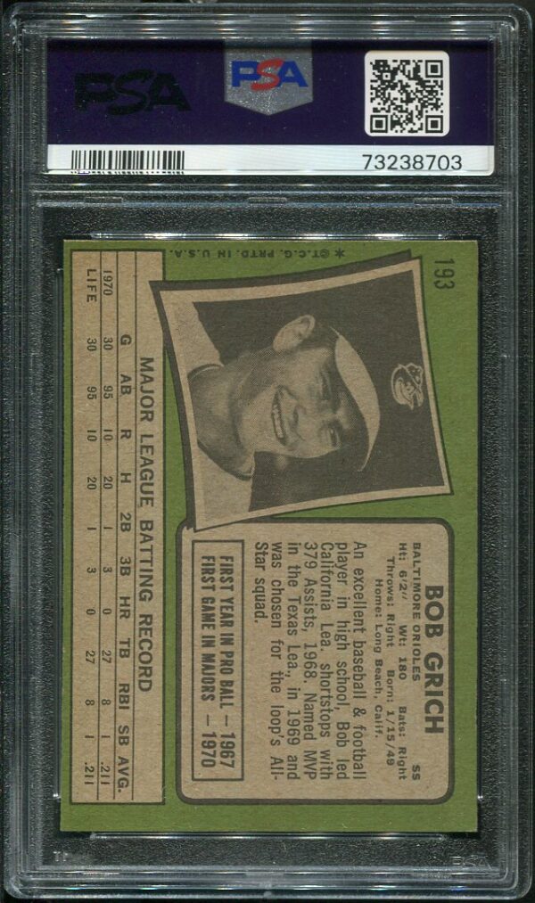 Authentic 1971 Topps #193 Bob Grich PSA 6 Rookie Baseball Card