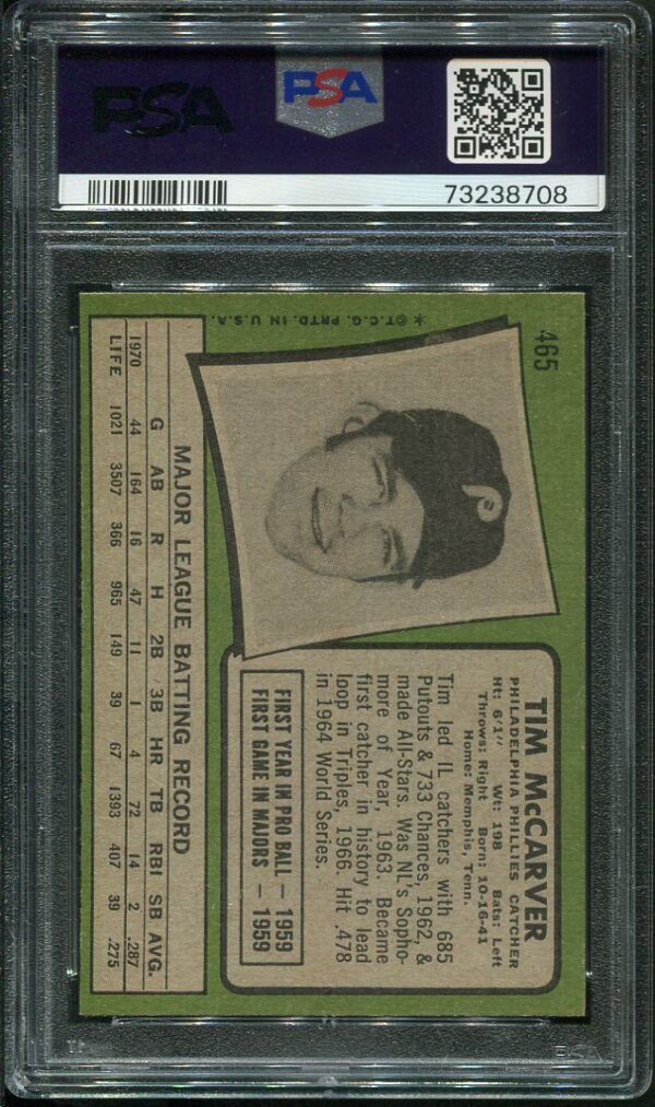 Authentic 1971 Topps #465 Tim McCarver PSA 8 Baseball Card