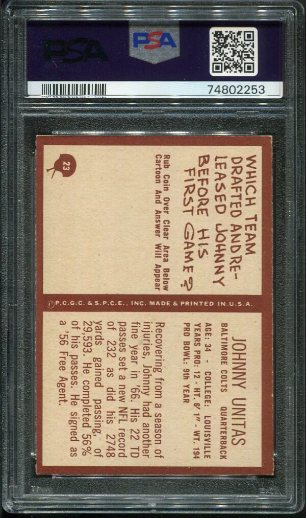 Authentic 1967 Philadelphia #23 Johnny Unitas PSA 8 Rookie Football Card