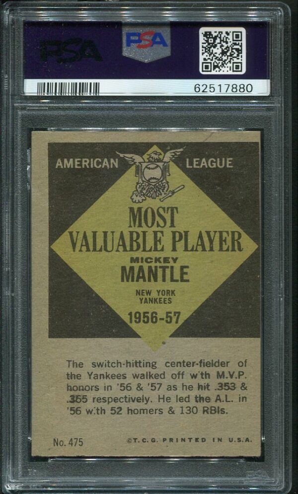 Authentic 1961 Topps #475 Mickey Mantle MVP PSA 6 Baseball Card