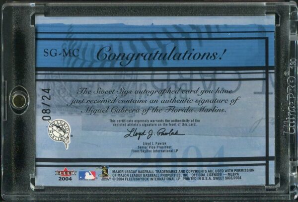 Autographed 2004 Fleer Sweet Signatures Miguel Cabrera Serial #8/24 Florida Marlins SG-MC