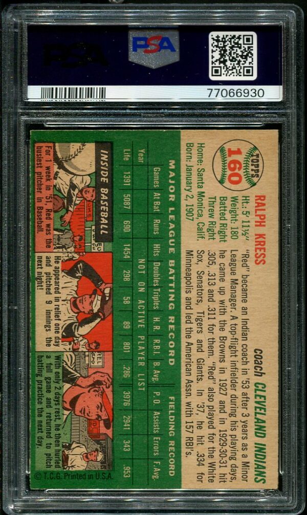 Authentic 1954 Topps #160 Red Kress PSA 6 Baseball Card