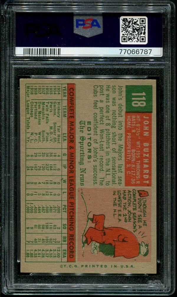 Authentic 1959 Topps #118 John Buzhardt PSA 7 Vintage Baseball Card