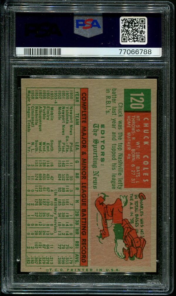 Authentic 1959 Topps #120 Chuck Coles PSA 8 Vintage Baseball Card