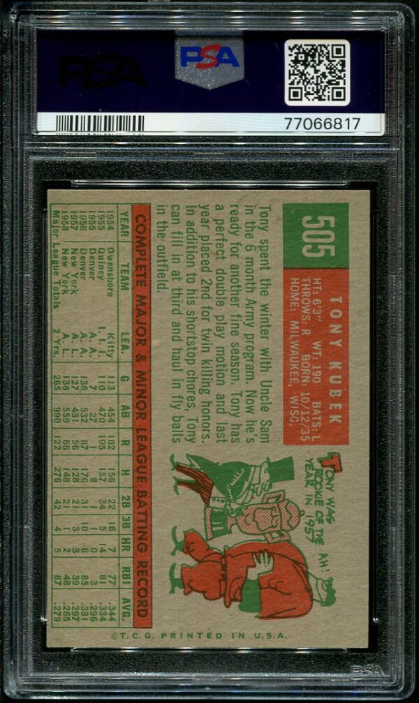 Authentic 1959 Topps #505 Tony Kubek PSA 6 Baseball Card