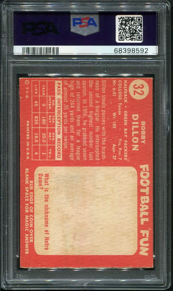 Authentic 1958 Topps #32 Bobby Dillon PSA 7 Football Card