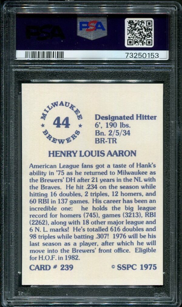 Authentic 1975 SSPC #239 Hank Aaron PSA 9 Baseball Card