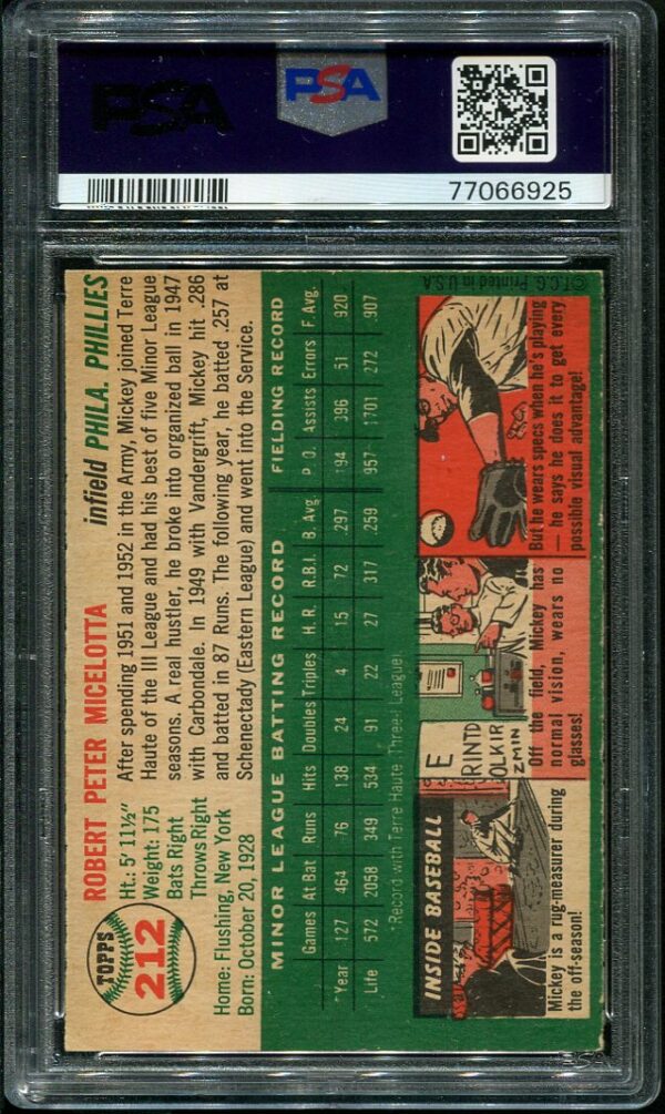 Authentic 1954 Topps #212 Mickey Micelotta PSA 6 Baseball Card