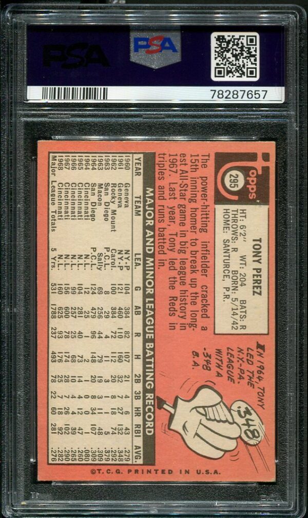 Authentic 1969 Topps #295 Tony Perez PSA 6 Baseball Card