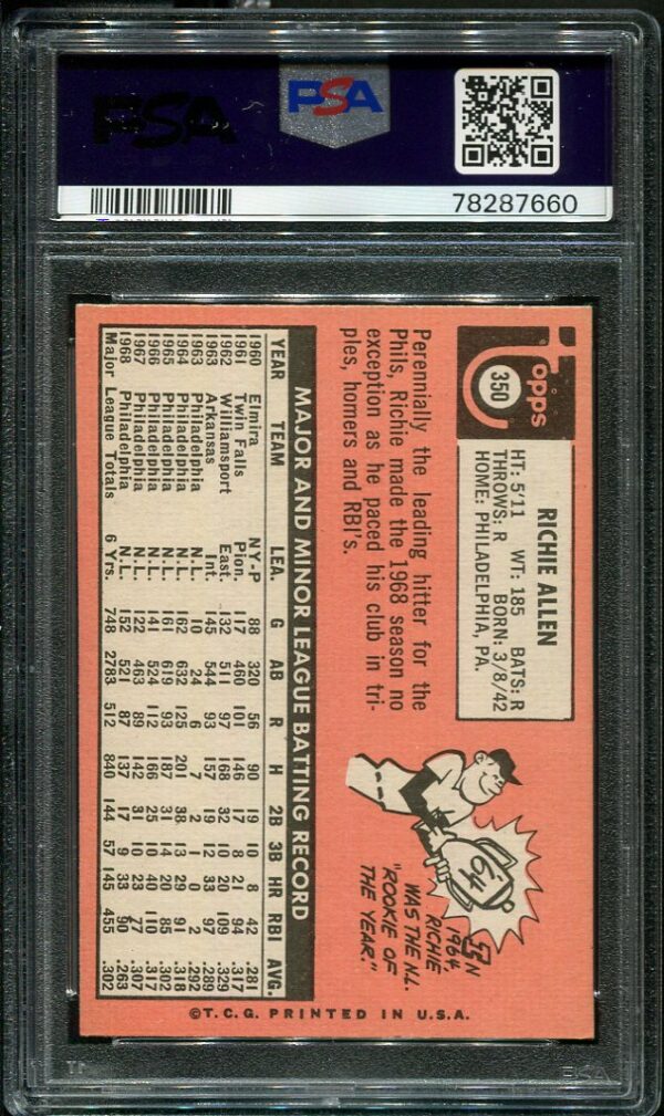 Authentic 1969 Topps #350 Richie Allen PSA 7 Baseball Card