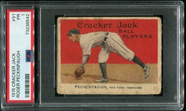 Authentic 1915 Cracker Jack #91 Roger Peckinpaugh PSA 1 Vintage Baseball Card