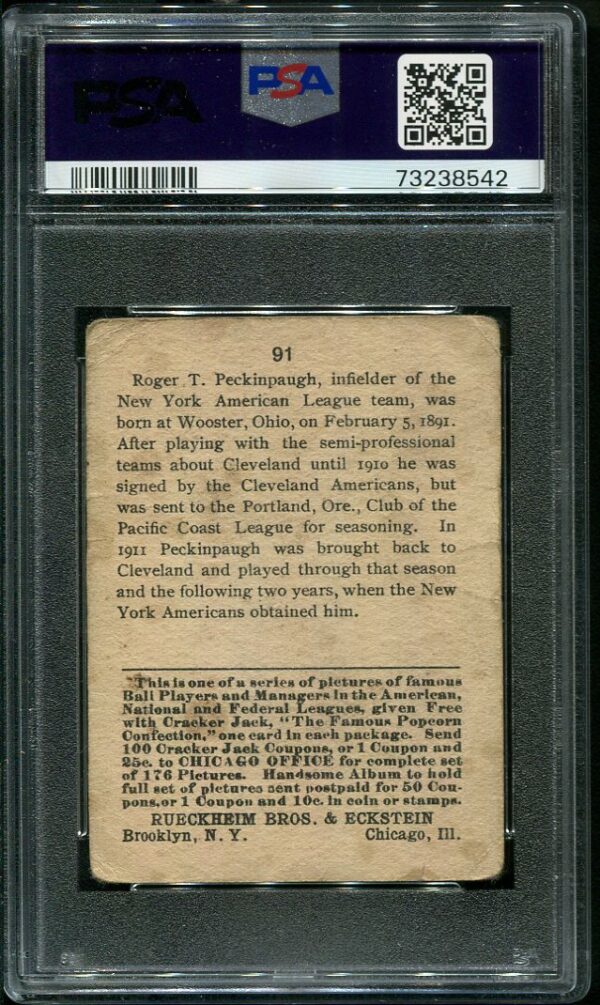 Authentic 1915 Cracker Jack #91 Roger Peckinpaugh PSA 1 Vintage Baseball Card