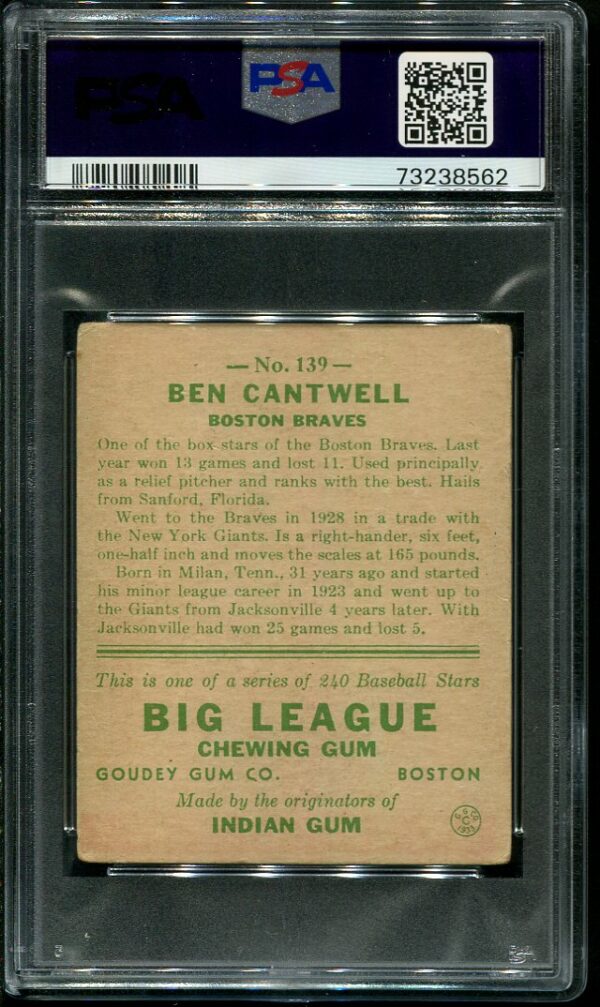 Authentic 1933 Goudey #139 Ben Cantwell PSA 3 Vintage Baseball Card