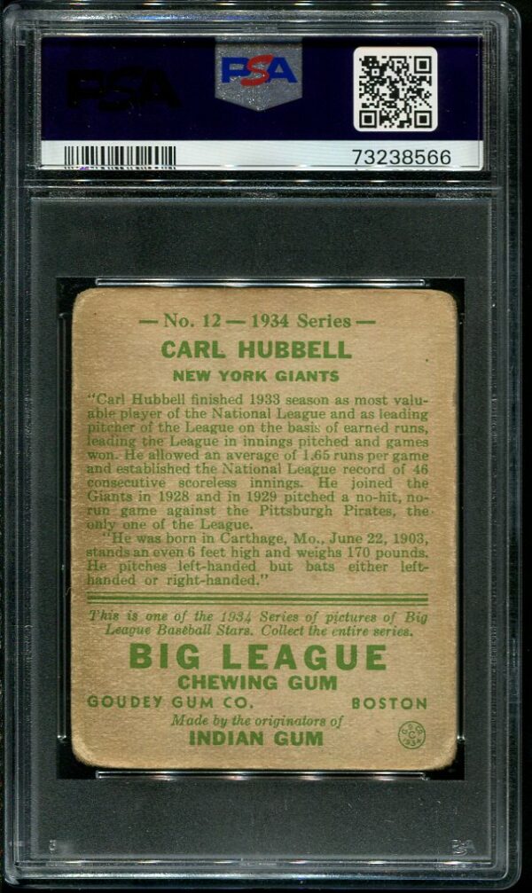 Authentic 1933 Goudey #12 Carl Hubbell PSA 1 Vintage Baseball Card