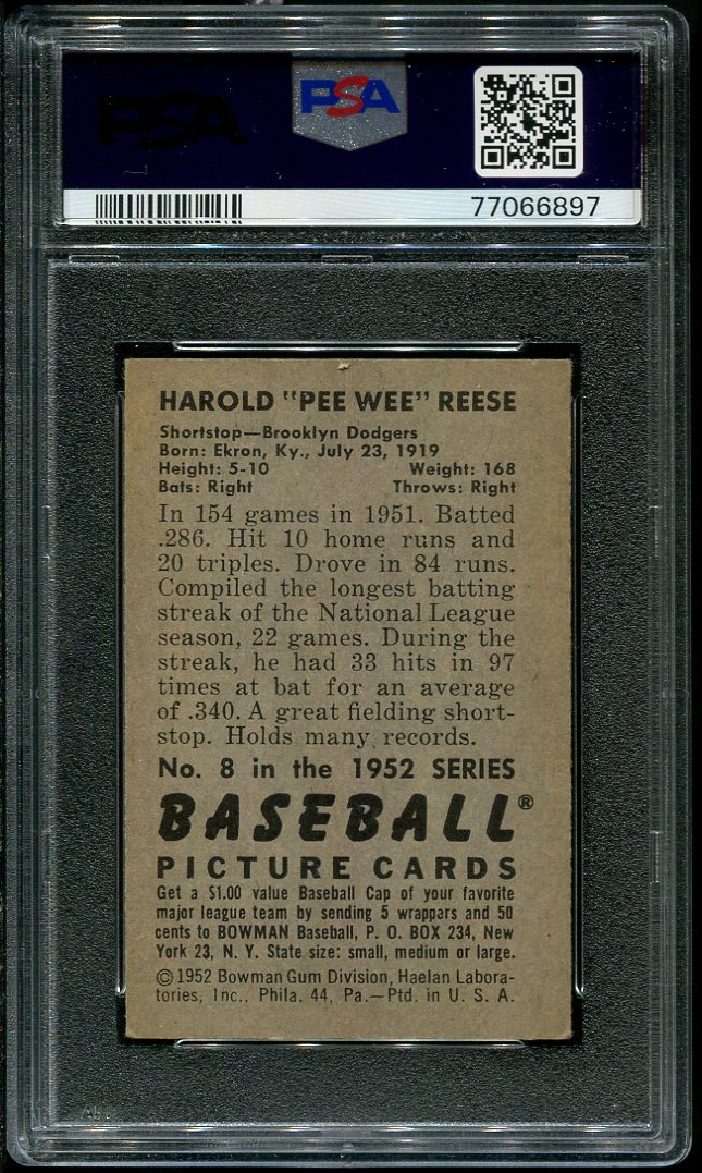 1952 Bowman #8 Pee Wee Reese PSA 3 HOF (77066897) - All Star Cards Inc