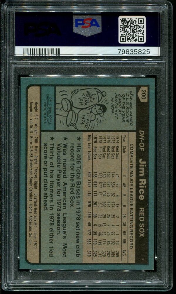 Authentic 1980 Topps #200 Jim Rice PSA 7 Baseball Card