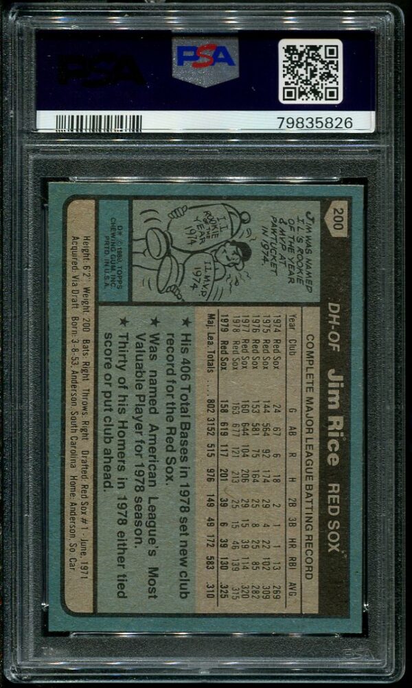 Authentic 1980 Topps #200 Jim Rice PSA 7 Baseball Card