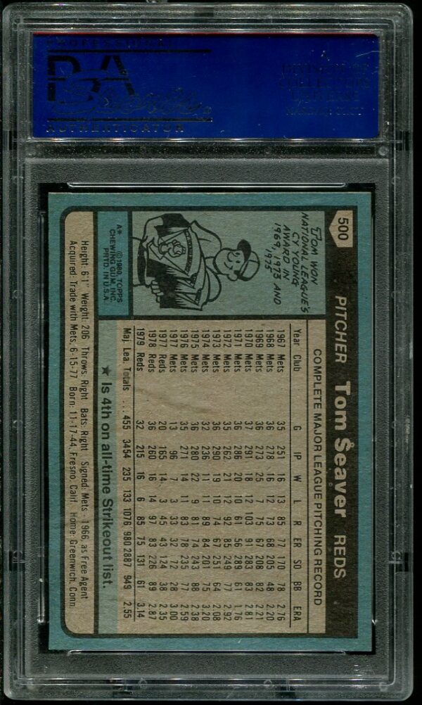 Authentic 1980 Topps #500 Tom Seaver PSA 9 Baseball Card