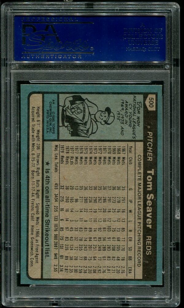 Authentic 1980 Topps #500 Tom Seaver PSA 9 Baseball Card