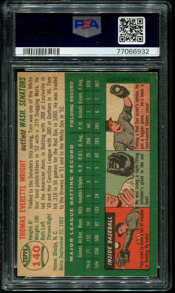 Authentic 1954 Topps #140 Tom Wright PSA 6 Baseball Card