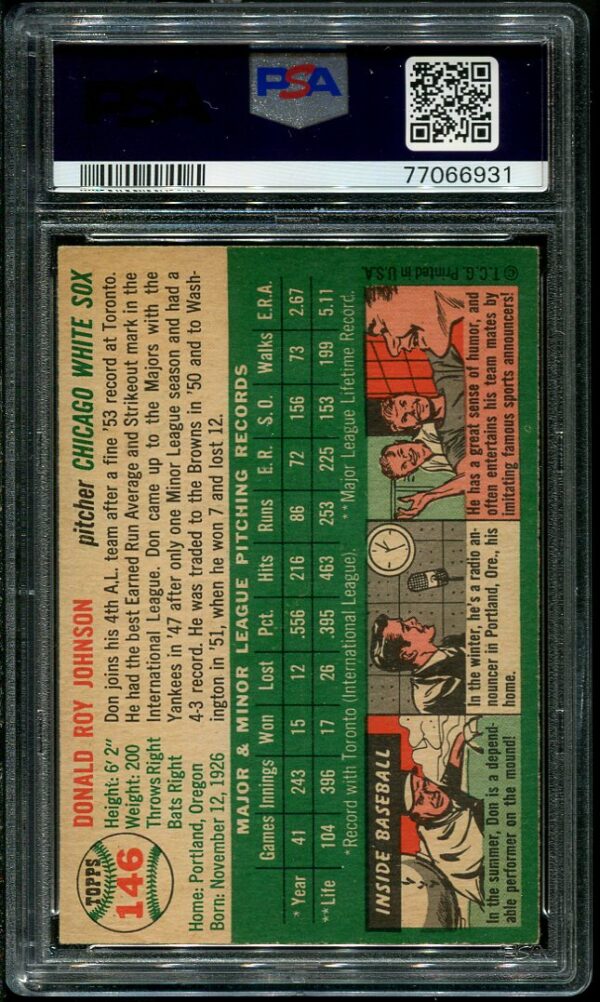 Authentic 1954 Topps #146 Don Johnson PSA 6 Baseball Card