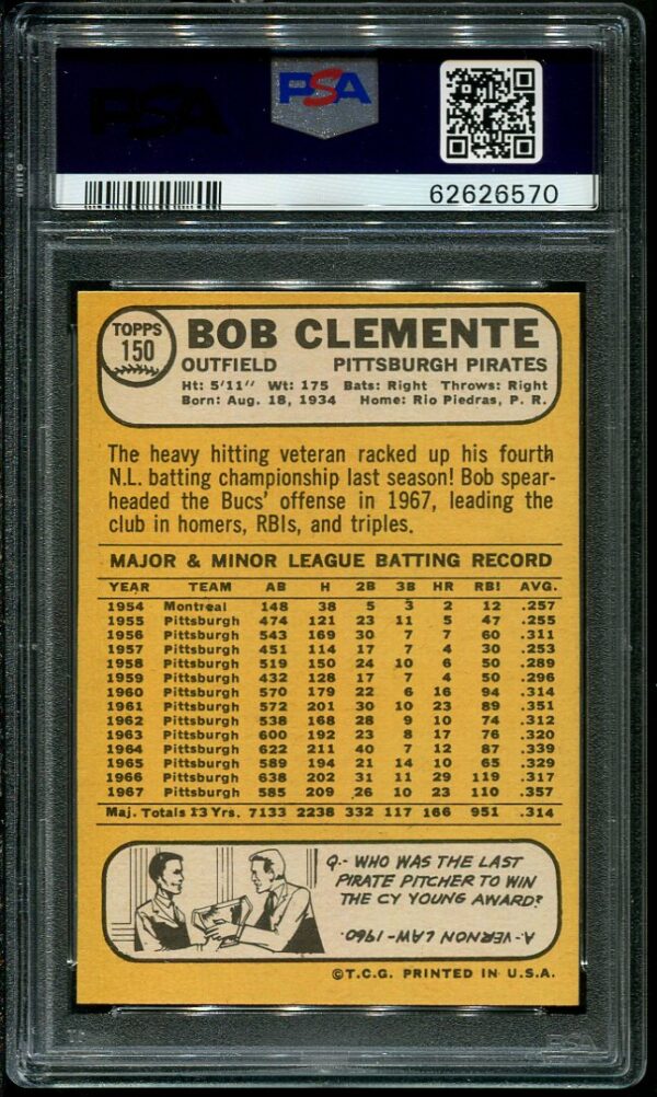 Authentic 1968 Topps #150 Roberto Clemente PSA 6 Baseball Card