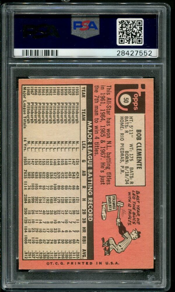 Authentic 1969 Topps #50 Roberto Clemente PSA 6 Baseball Card