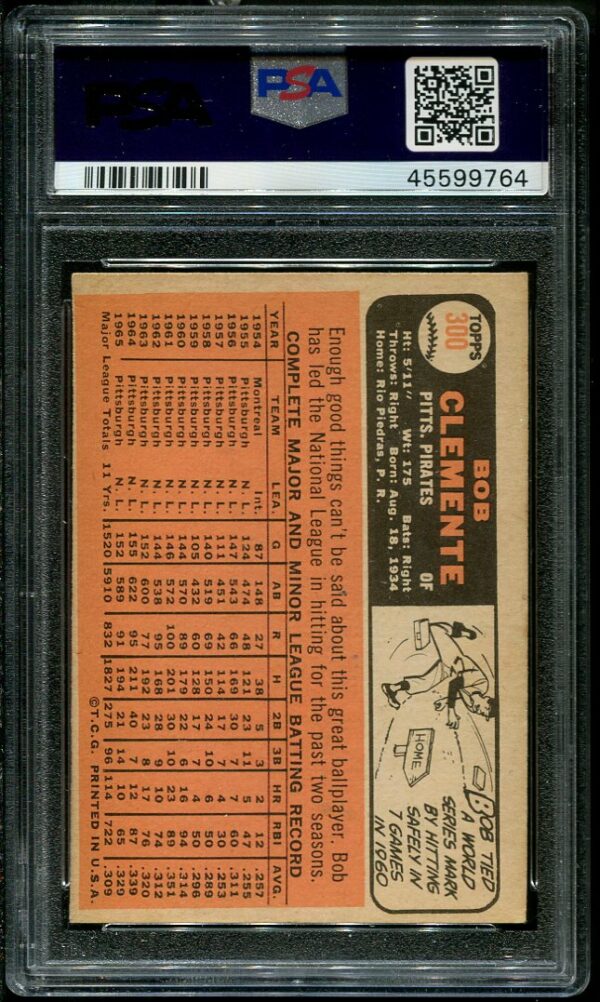 Authentic 1966 Topps #300 Roberto Clemente PSA 4 Baseball Card