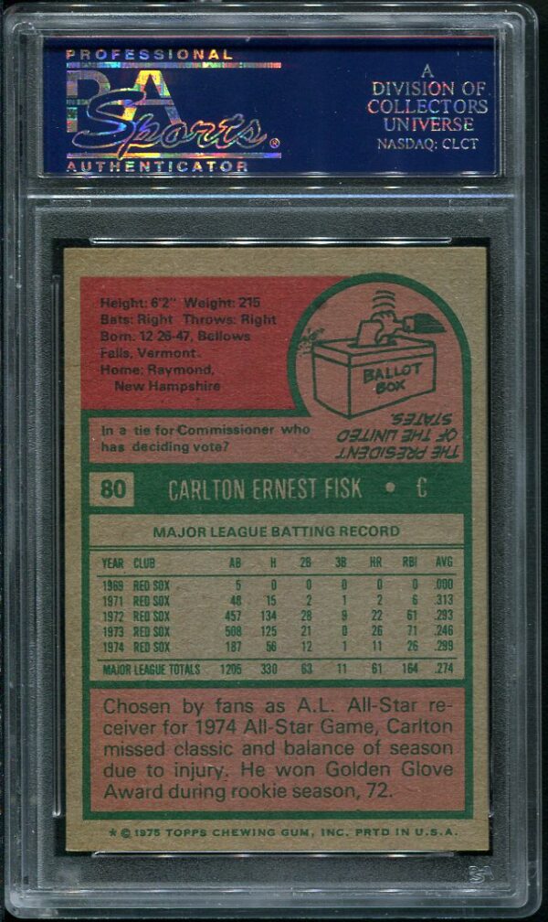 Authentic 1975 Topps #80 Carlton Fisk PSA 7 Baseball Card