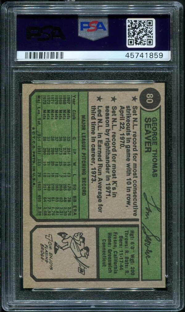 Authentic 1974 Topps #80 Tom Seaver PSA 8 Baseball Card