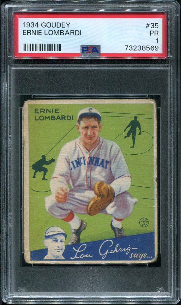 Authentic 1934 Goudey #35 Ernie Lombardi PSA 1 Vintage Baseball Card