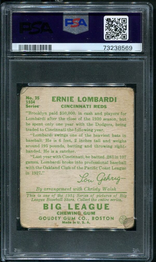 Authentic 1934 Goudey #35 Ernie Lombardi PSA 1 Vintage Baseball Card