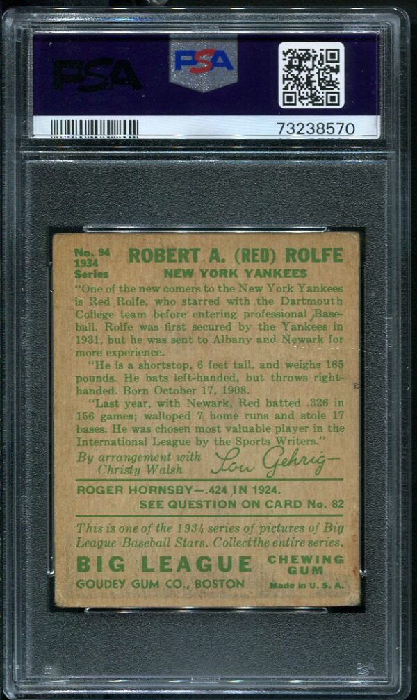 Authentic 1934 Goudey #94 Red Rolfe PSA 1.5 Vintage Baseball Card